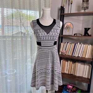 Material Girl Black & White Fit & Flare Dress - S Mesh Cutout Aztec Geometric